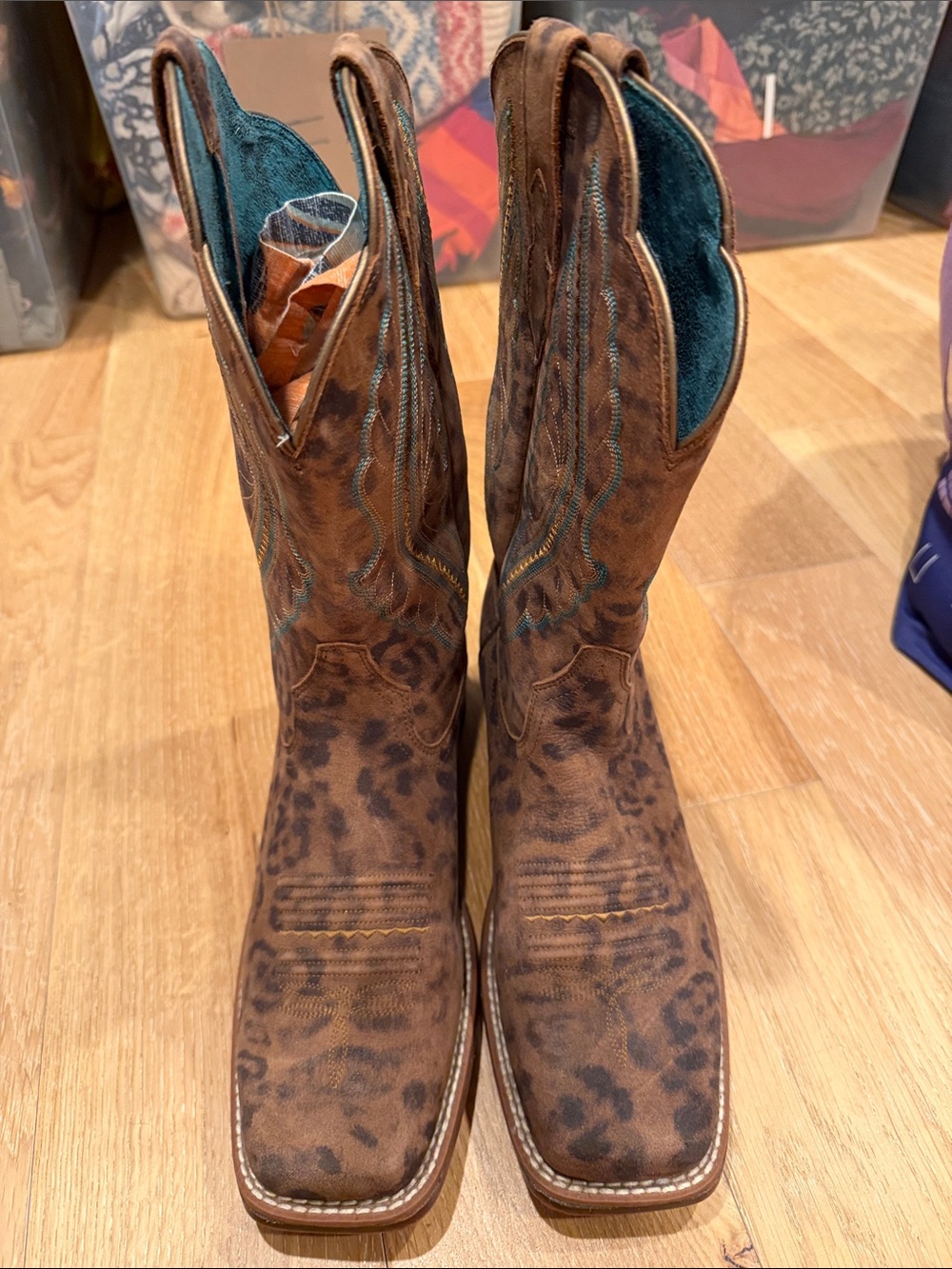 Ariat Brown Leopard-Print Leather Western Heeled Boots with Teal Lining wom 9